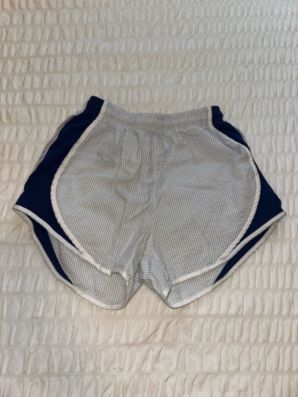Lauren James White Seersucker Shorts with Navy Side Panels